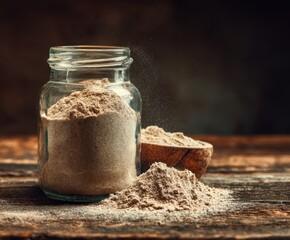 Glass jar with rye flour on a brown wooden background.