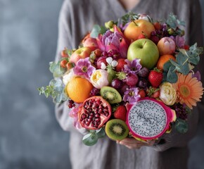 Fruit and berries bouquet. Apple, orange, strawberry, pear, kiwi, dragon fruit and flowers, eucalyptus.