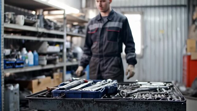 Mechanic in Car Repair Shop Preparing Tools for Vehicle Maintenance Task