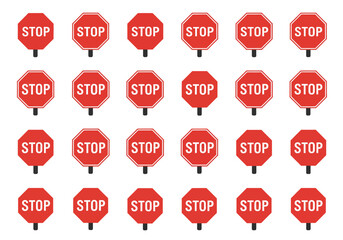 A grid of twentyfour red and white stop signs on a white background