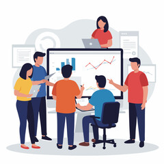 Flat Style Detailed Business Analytics Meeting with Teamwork Collaboration Illustration