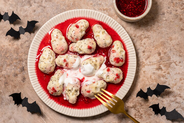 lazy dumplings vareniki with raspberry sauce for Halloween
