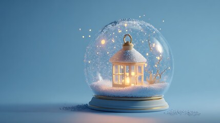 Christmas lantern glowing inside the globe isolated on blue background