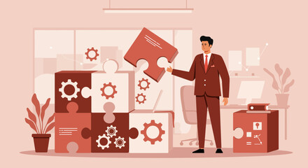 Businessman solving puzzle in modern office concept in monochrome