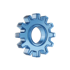 3d icon of  cogwheel with blue glassy color, showcasing a mechanism