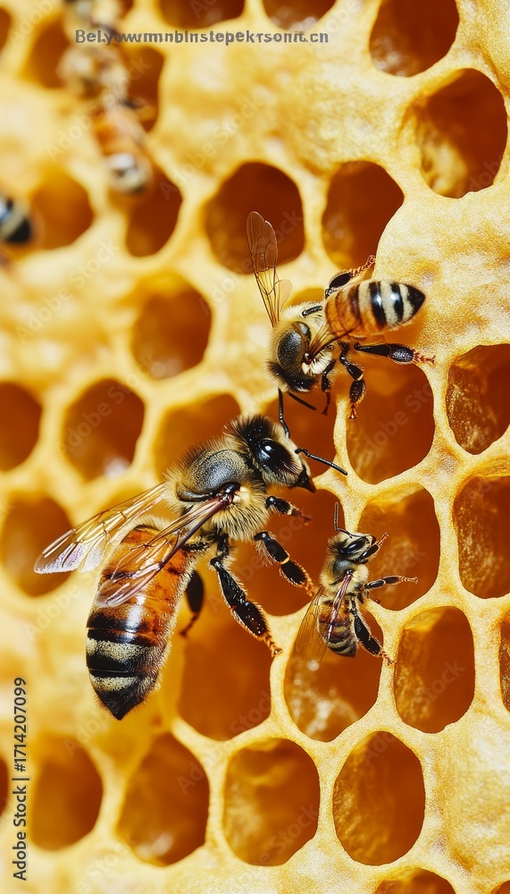 Poster detailed close-up of busy bees on honeycomb, capturing the intricate process of honey production