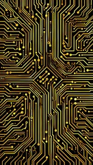 Golden circuit board design with intricate pathways and connections creating a pattern