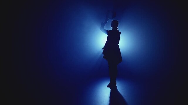 Dark silhouette gentleman taking off top hat making respectful bow curtsy gesture. Woman wearing top hat. man in black tailcoat frock coat suit. 18th 19th century vintage old style era. blue night fog