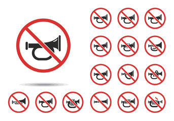 Eleven nohonking signs are arranged on a white backdrop The signs feature a variety of horn designs with a red circle and diagonal slash