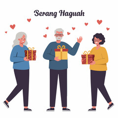 Flat Style Illustration Senior People Holding Gift Box Present Celebration Moment