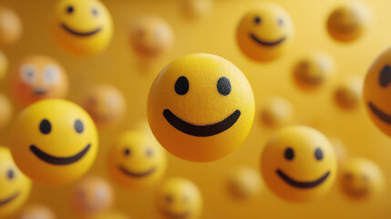 Fototapeta premium Smiling Faces in a Positive Atmosphere: A multitude of emoji faces float in a warm, inviting scene, embodying pure joy and positivity, ready to convey emotions of contentment.