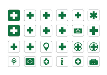 Green medical icons grid crosses asterisk pin case tube figure in white rounded squares on white backdrop