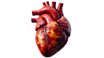 Anatomical illustration of a human heart, showing its intricate structure and detailed texture against a white background.