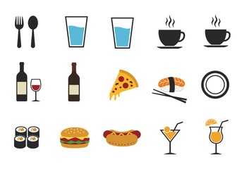 Icons of dining plates silverware sushi drinks burger hotdog pizza coffee and wine a diverse collection of culinary elements