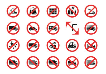 Image shows 20 prohibition signs featuring trucks carrying varied goods or materials