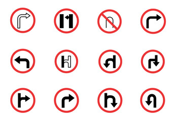Road signs in red circles with various turn directions and a no uturn symbol