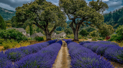 purple lavender field landscape, countryside in summer 