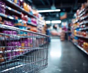 Shopping cart in supermarket. Blurred shelves in grocery store and trolley.