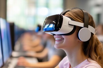 Young girl experiencing virtual reality in a tech classroom environment