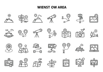 Set of 24 icons with travel themes featuring maps mountains signs telescopes cameras and other landmarks