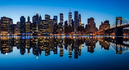 New York City skyline at night with reflections in the water image photo
