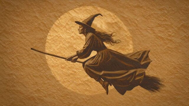 A witch in a Halloween hat flies slowly on a broomstick against a full moon. A gothic, long-haired sorceress. Vintage, engraving style, orange sepia