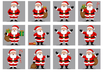 Cartoon Santa Claus Figures in Various Poses with Gifts and Accessories.