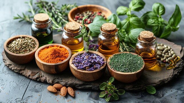 Natural medicine treatment with herbs, spices and essential oils promoting wellness