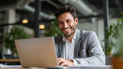 Smiling man in gray jacket at laptop in office