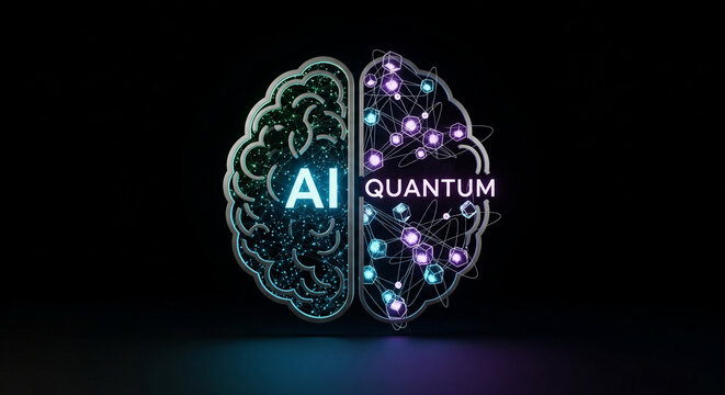 Conceptual diagram of a brain and geometric structure representing the fusion of artificial intelligence and quantum computing