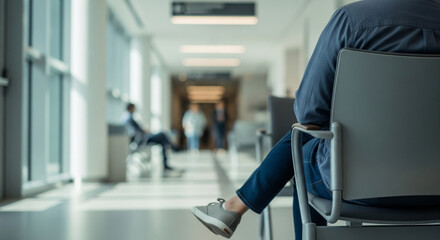 A back view of a patient sitting and waiting for his turn in a hospital waiting room with large windows letting in sunlight, and a corridor