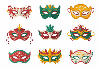 Naklejka premium Collection of Colorful and Ornate Venetian Carnival Masks with Intricate Designs.
