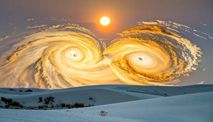 Dramatic swirling clouds over white desert dunes, a vibrant sun