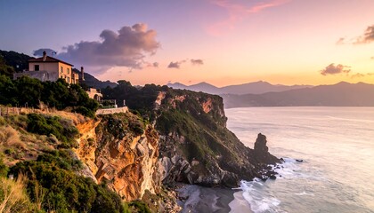 Breathtaking sunset over a rugged coastal cliff with a traditional house in Italy.