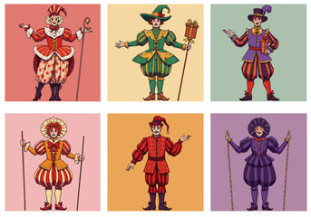 Collection of Six Cartoon Figures in Colorful Historical Costumes with Unique Designs.