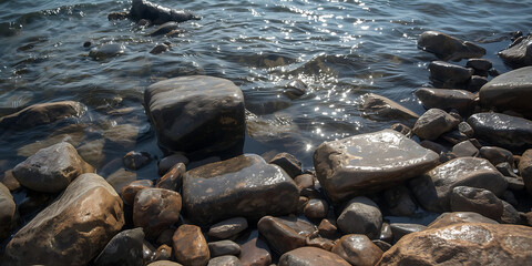 Fototapeta premium Sunlit Rocky Shoreline with Sparkling Water