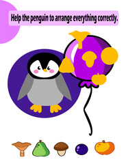 Montessori Sorting Game: Penguin Arrange Items Printable Activity for Preschool Kids

