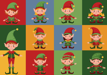 Fototapeta premium Colorful Grid of Cartoon Christmas Elves with Pointed Hats and Green Shoes.