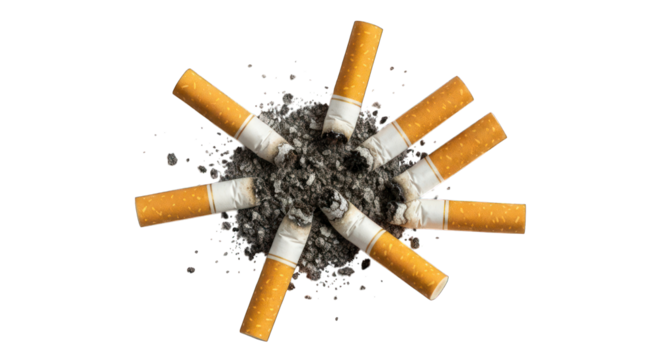 Cigarette butts in a cluster, ash explosion