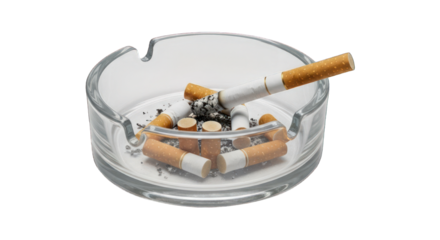 Glass ashtray filled with cigarette butts and ash