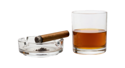 Glass of amber liquid, cigar in ashtray