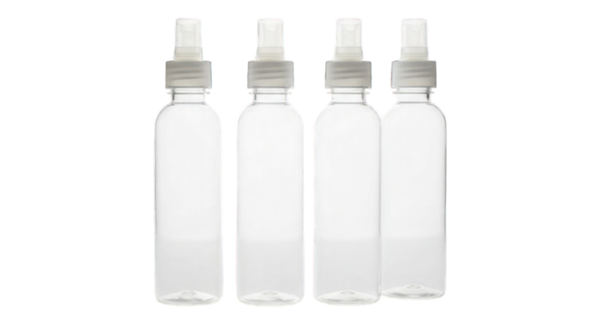 Four clear plastic bottles with droppers