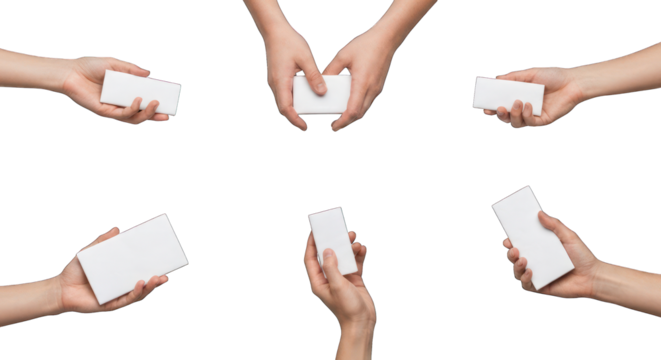 Hands holding blank white rectangles