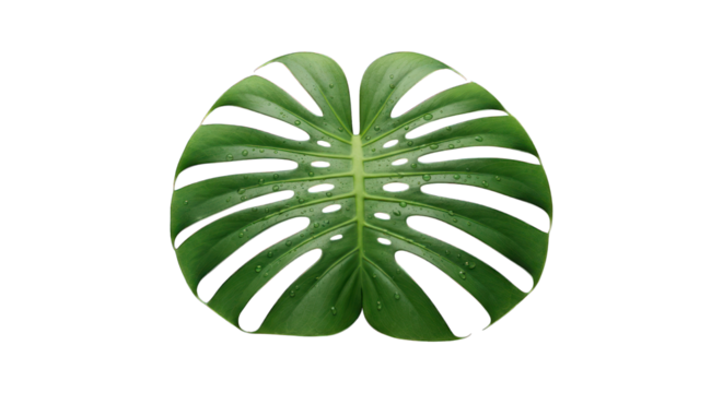 Large, vibrant monstera leaf, water droplets