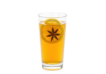 Isolated refreshing herbal tea in glass with lemon slice and star anise, healthy drink