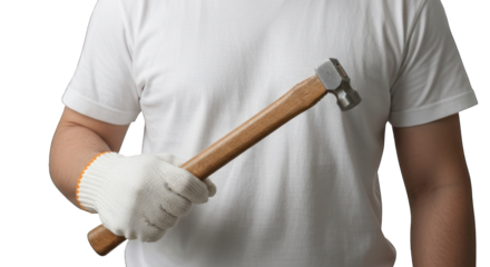 Person in white shirt holding a hammer