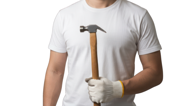 Person in white t-shirt holding a hammer