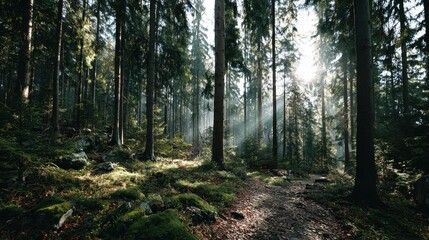 Obraz premium Forest Path with Sunlight Rays