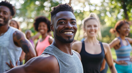 diverse group of people exercising at a park on a sunny day, fitness class