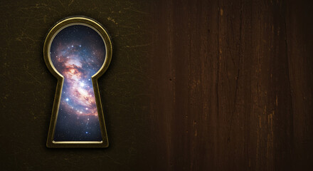 Cosmic Keyhole: Mystical Nebula Through Antique Door, Dark Fantasy, Intriguing Mystery